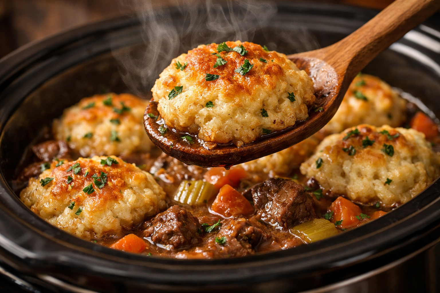 Close-up professional food photography of fluffy homemade dumplings being placed on top of rich beef stew in slow cooker, steam rising, gold