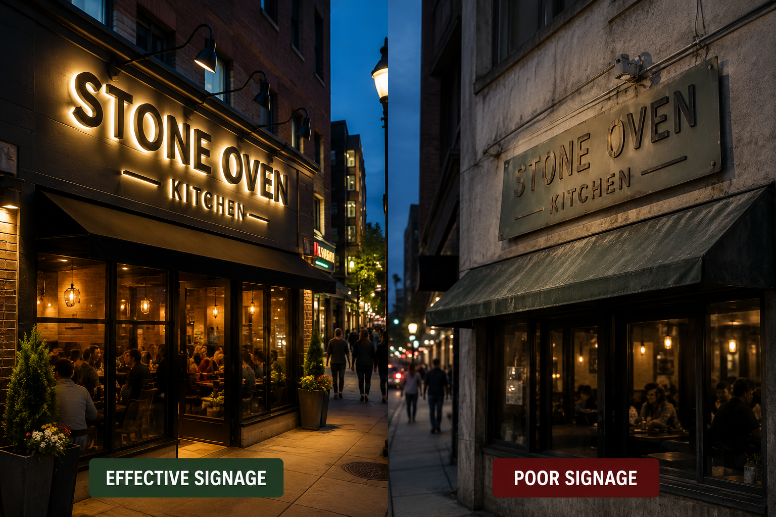 Effective, well-lit signage next to faded, poorly lit signage