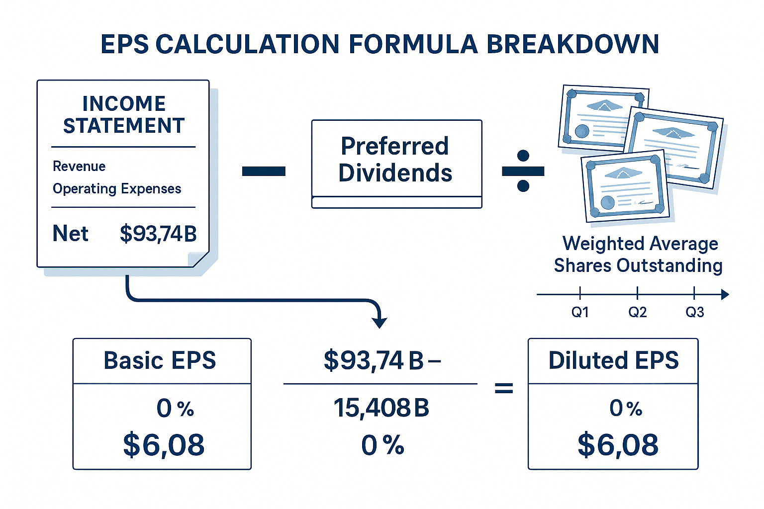 Detailed infographic illustration (1536x1024) showing the EPS calculation formula breakdown with visual components: income statement documen
