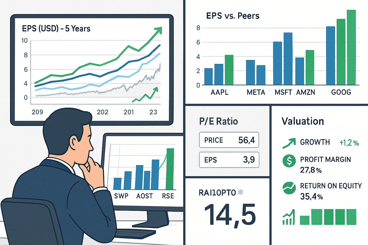 Professional landscape illustration (1536x1024) depicting practical EPS usage scenarios: split-screen composition showing investor analyzing