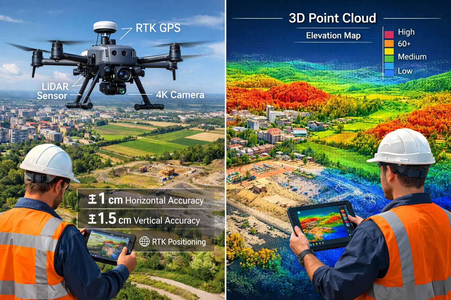 Landscape format (1536x1024) detailed illustration showing advanced surveying drone with visible LiDAR sensors and high-resolution cameras i