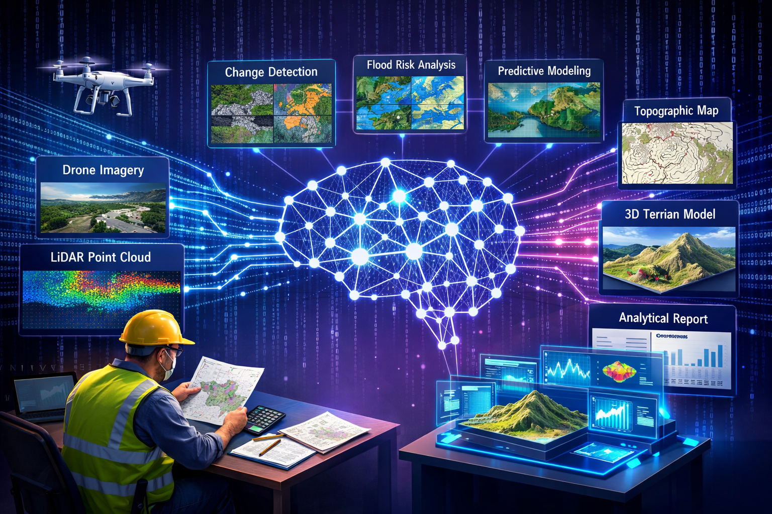Landscape format (1536x1024) futuristic visualization of artificial intelligence and machine learning processing surveying data, showing cen