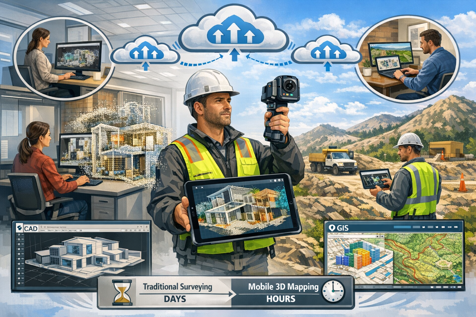 Landscape format (1536x1024) comprehensive illustration showcasing mobile 3D mapping systems and cloud-based surveying infrastructure in act