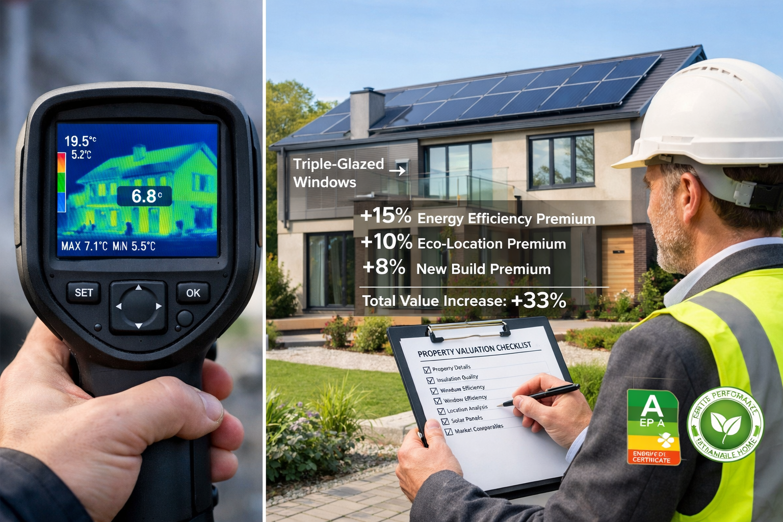 Detailed landscape format (1536x1024) image showing professional chartered surveyor conducting valuation assessment of new-build property wi