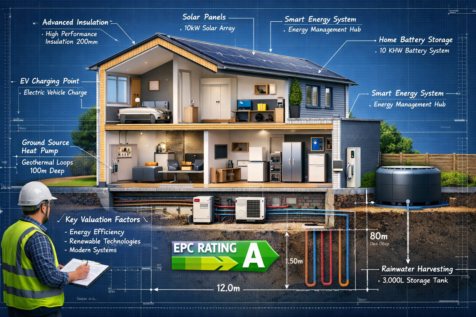 Detailed landscape format (1536x1024) image showing modern new-build property cross-section illustration revealing sustainable infrastructur