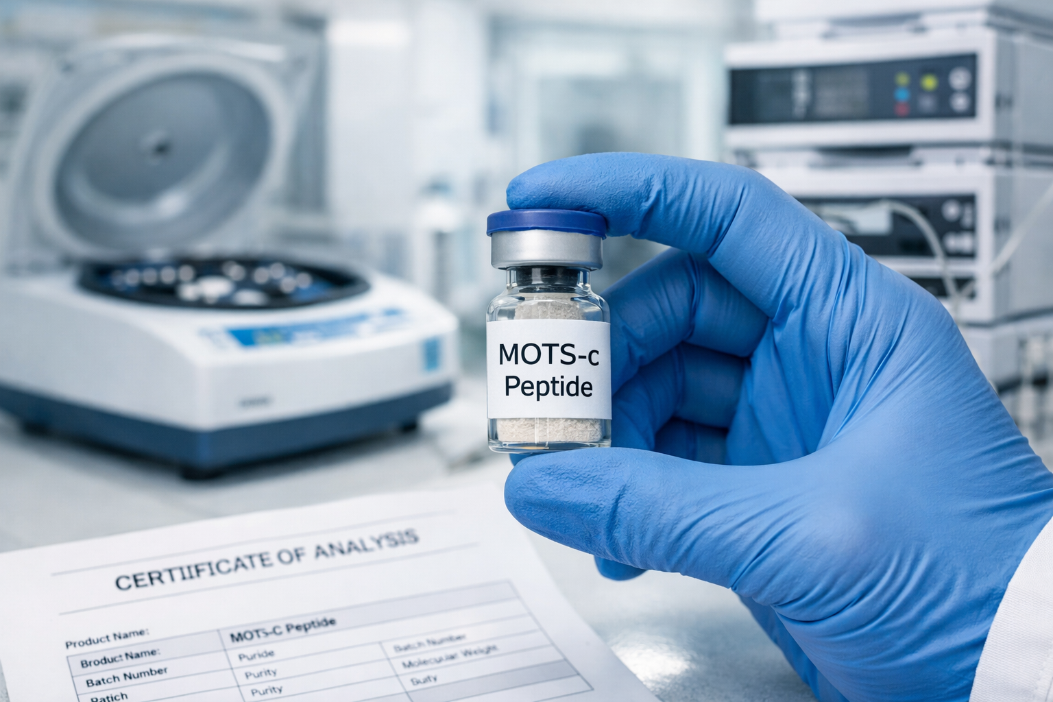 Detailed () image showing a close-up of a researcher's gloved hand holding a labeled peptide vial marked MOTS-c against a