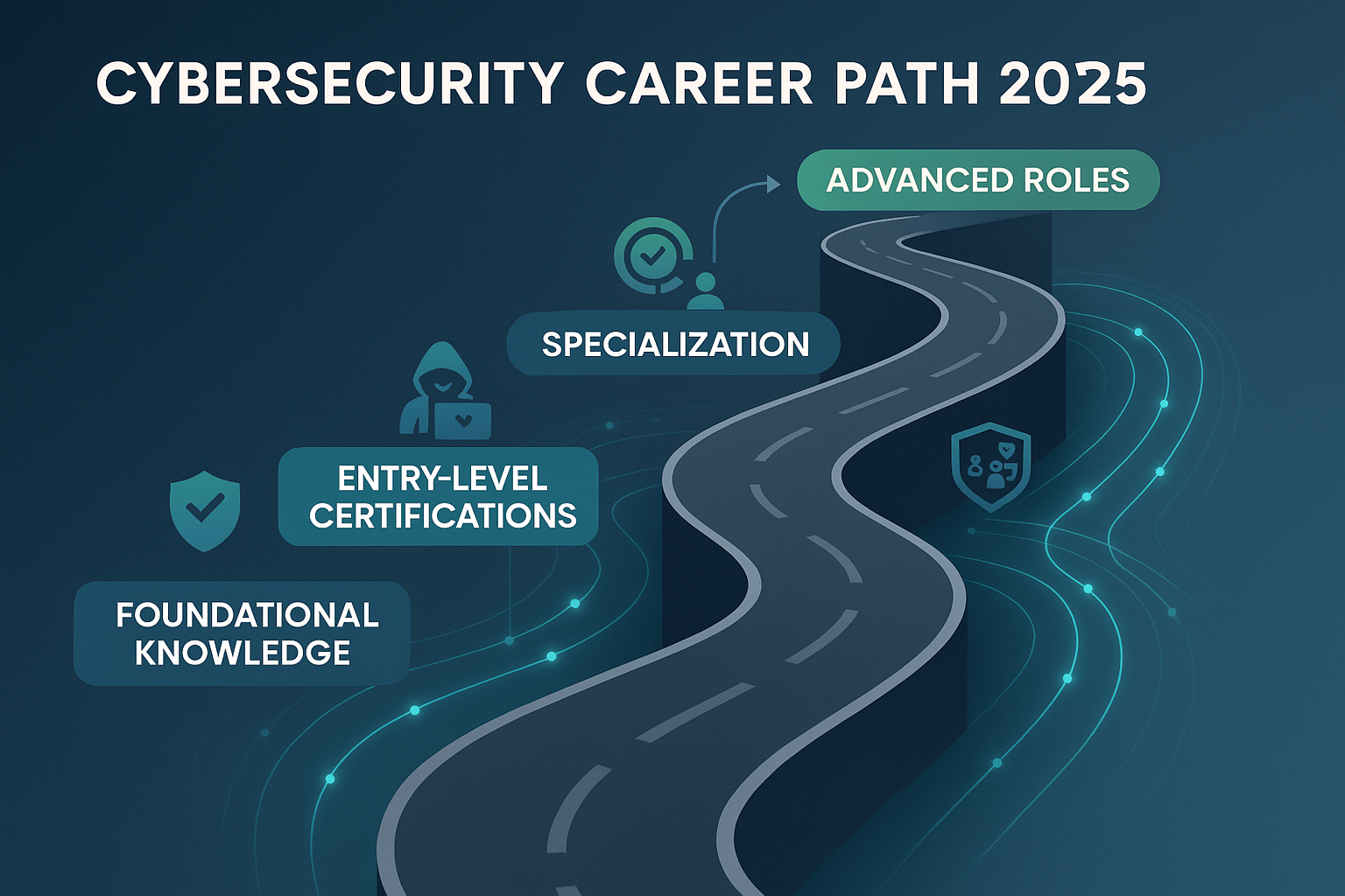 A visually engaging infographic (1536x1024) illustrating the 'Cybersecurity Career Path 2025' from beginner to advanced. It should feature a