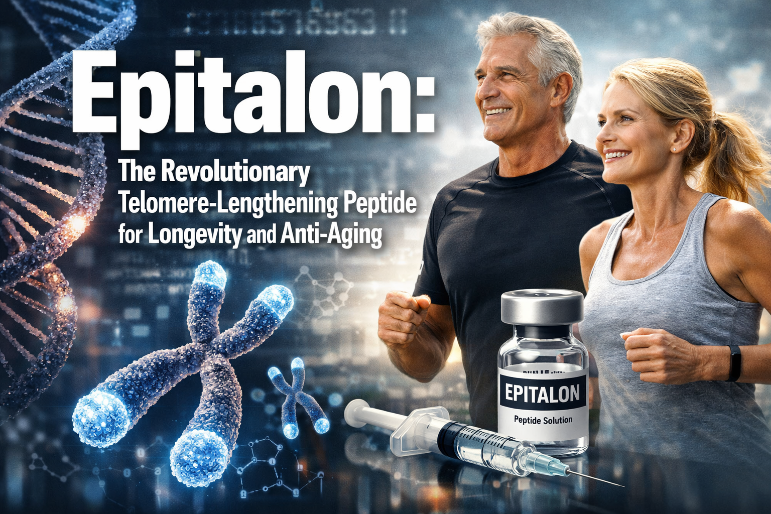 Professional hero image with bold text overlay: "Epitalon: The Revolutionary Telomere-Lengthening Peptide for Longevity and Anti-Aging". Mod
