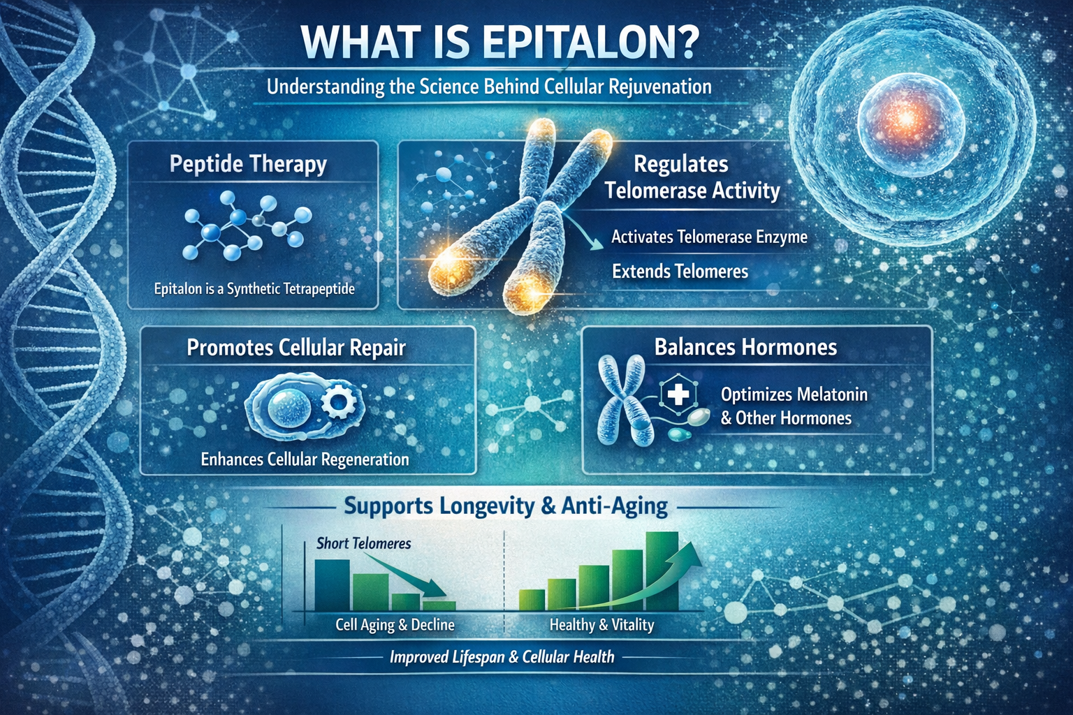 Professional infographic for article "Epitalon: The Revolutionary Telomere-Lengthening Peptide for Longevity and Anti-Aging", section: "What