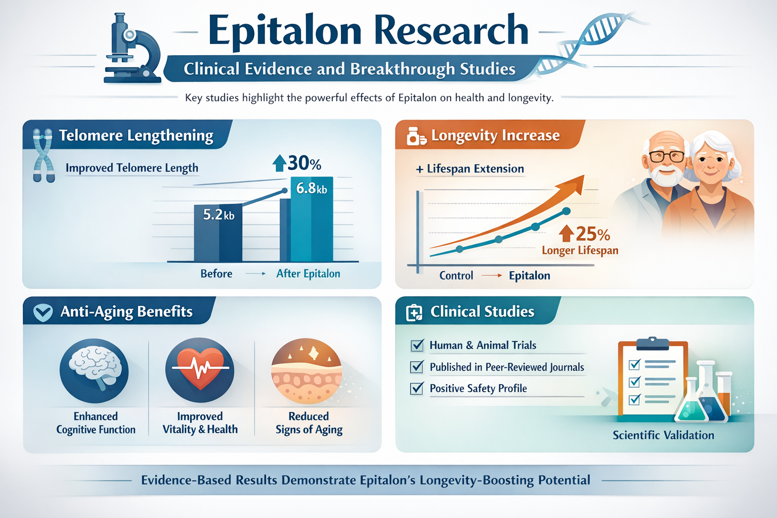 Professional infographic for article "Epitalon: The Revolutionary Telomere-Lengthening Peptide for Longevity and Anti-Aging", section: "Epit