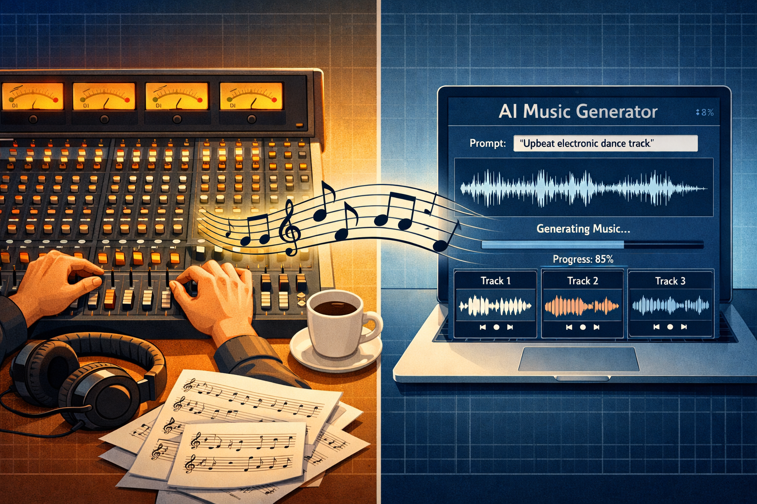 Landscape format (1536x1024) editorial illustration showing a side-by-side comparison of music production workflows. Left panel: human hands