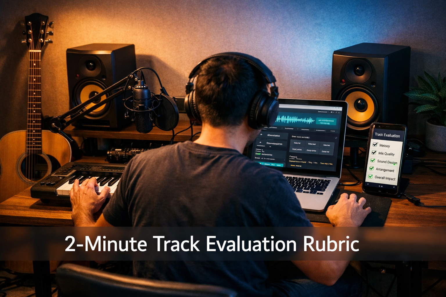 Landscape format (1536x1024) editorial photo-style image of a modern home studio desk setup showing the hybrid workflow concept. Center: pro