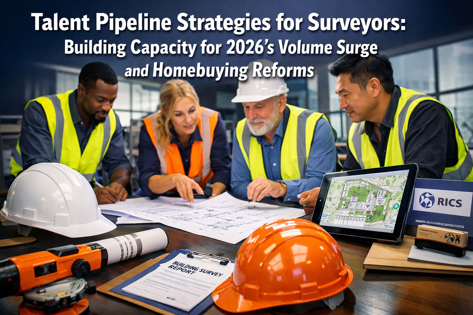 Professional () hero image featuring 'Talent Pipeline Strategies for Surveyors: Building Capacity for 2026's Volume Surge