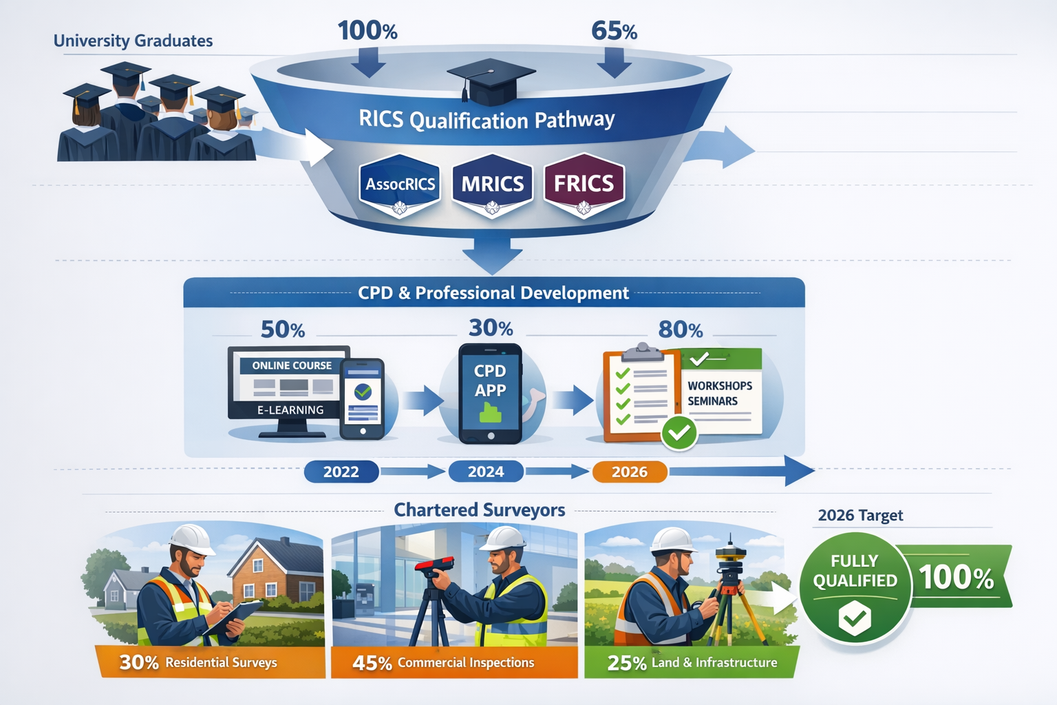 () detailed infographic showing talent pipeline funnel visualization for surveying profession. Top section displays