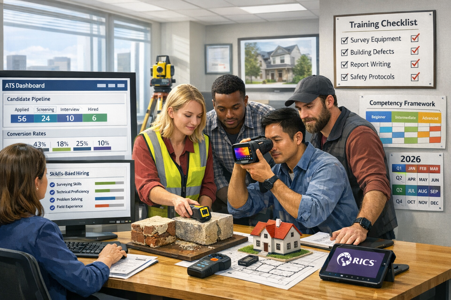 () dynamic office scene showing recruitment and training operations for surveying firm. Left side features HR manager