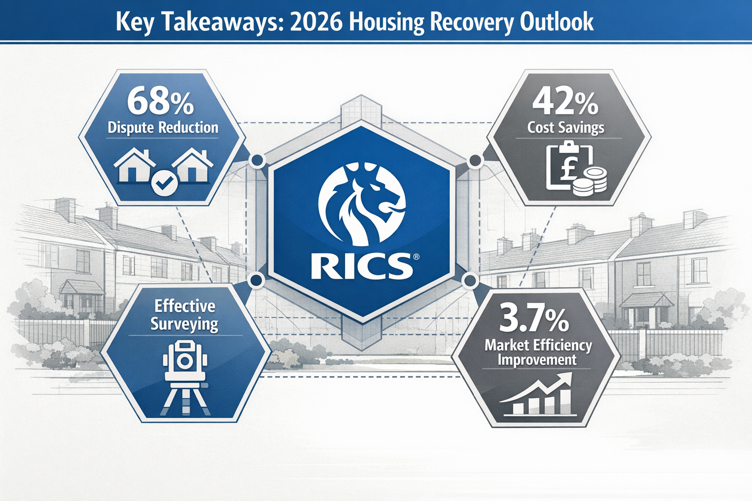 Key Takeaways section infographic visualizing 2026 housing recovery metrics: Landscape orientation with data visualization showing party wal