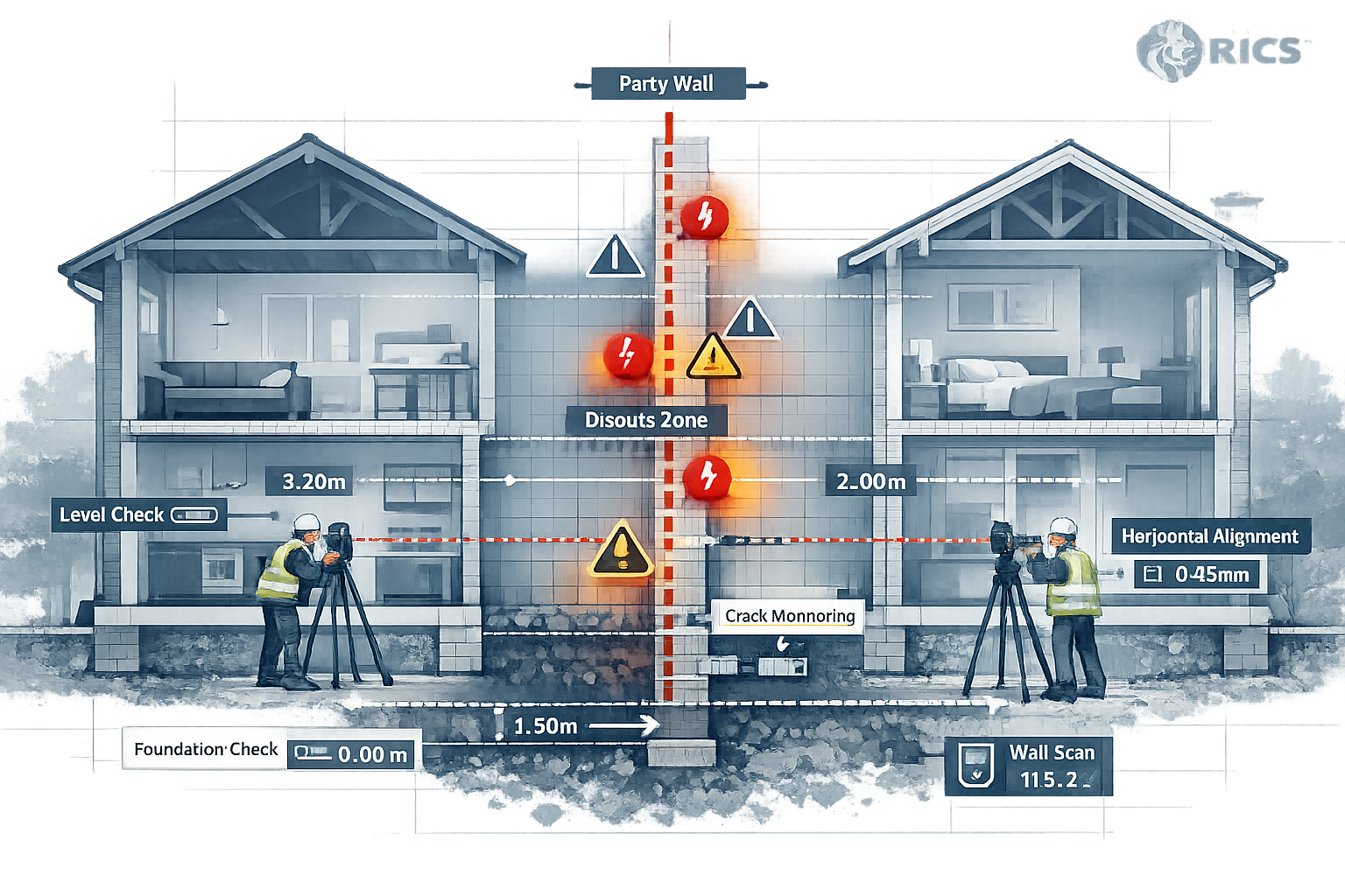 Understanding Party Wall Surveys landscape illustration: Architectural cross-section visualization showing adjacent residential properties w