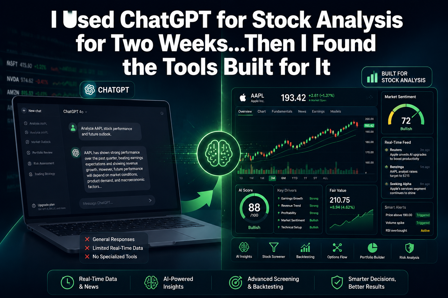 Professional () hero image with : 'I Used ChatGPT for Stock Analysis for Two Weeks...Then I Found the Tools Built for It' in