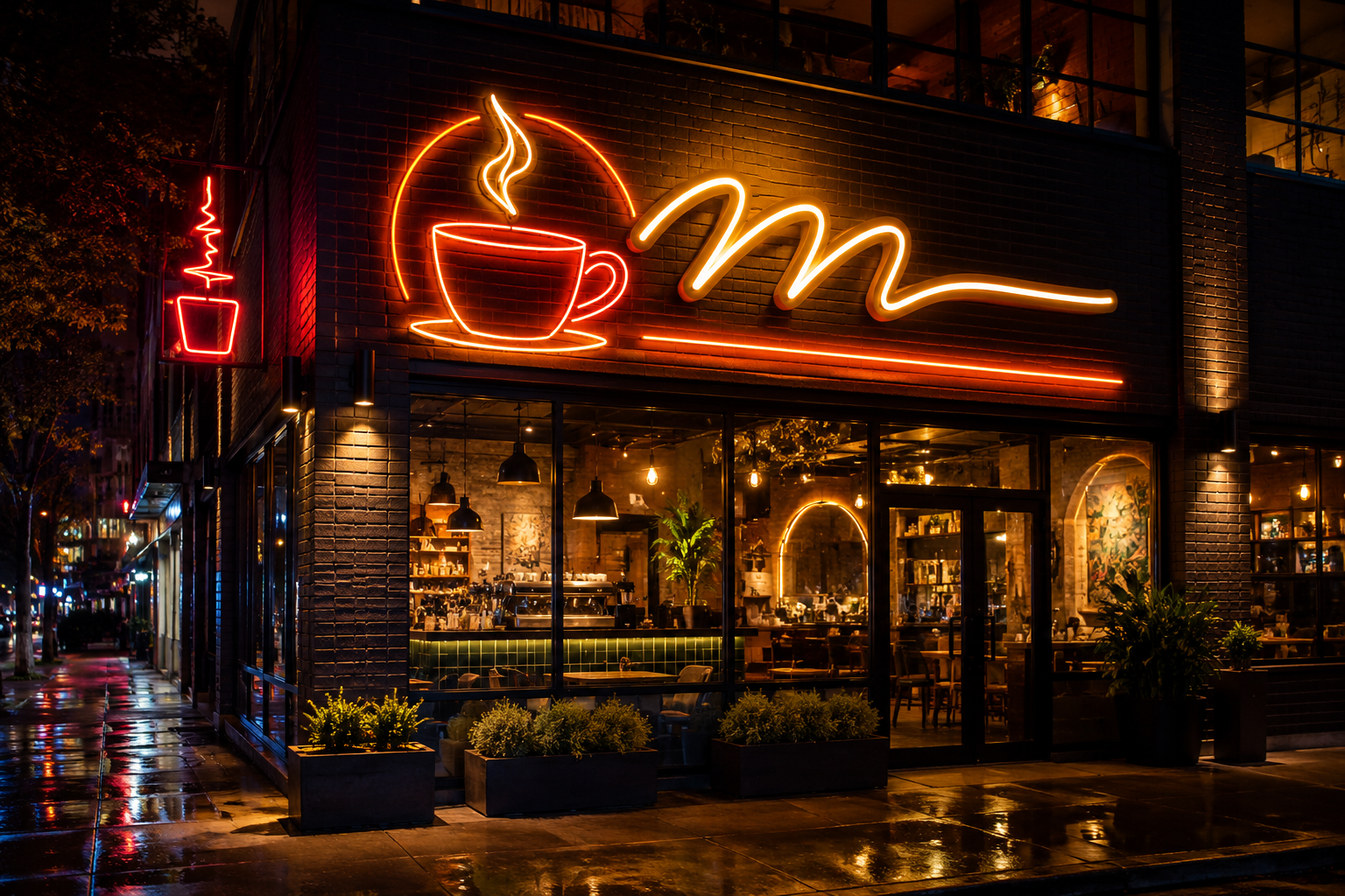 A brightly lit storefront with a custom neon cafe sign glowing warmly against a dark brick facade, mixing traditional glass and modern LED neon elements.