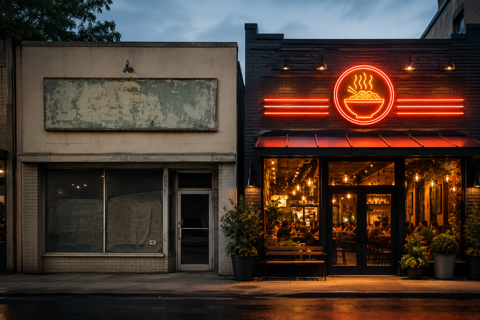 Two business signs compared side by side: a faded, poorly designed generic sign next to a professionally crafted neon sign that fits its building's architecture.
