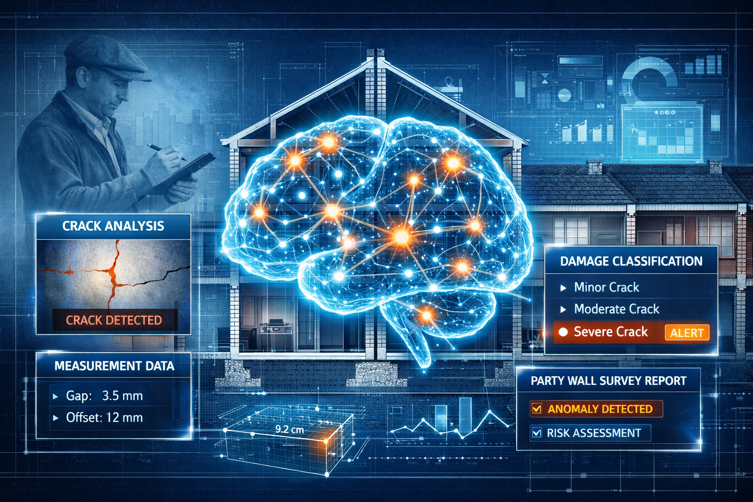 () detailed illustration showing AI neural network visualization processing party wall survey data. Central focus on