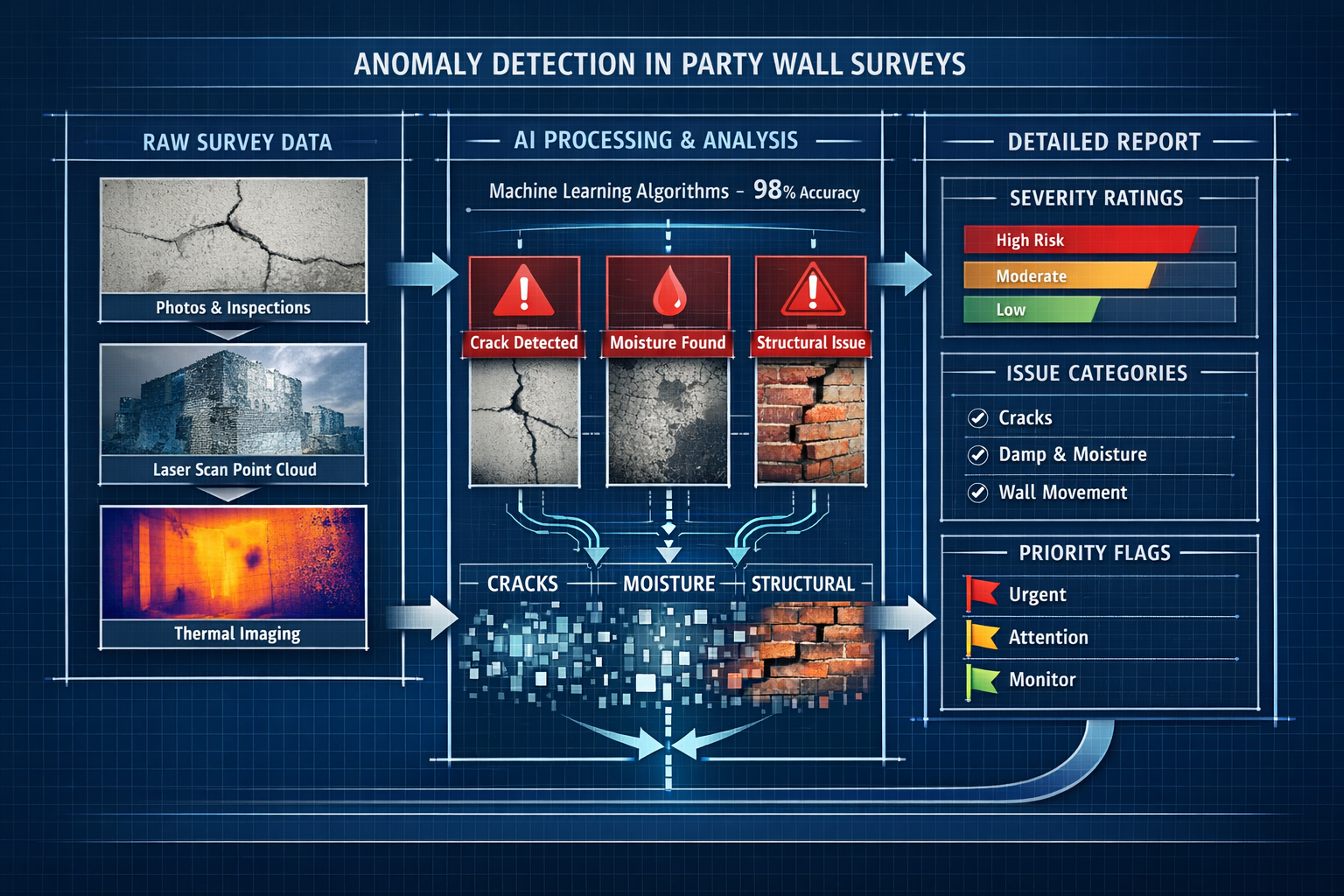 () technical infographic showing anomaly detection workflow in party wall surveys. Split into three vertical panels: left