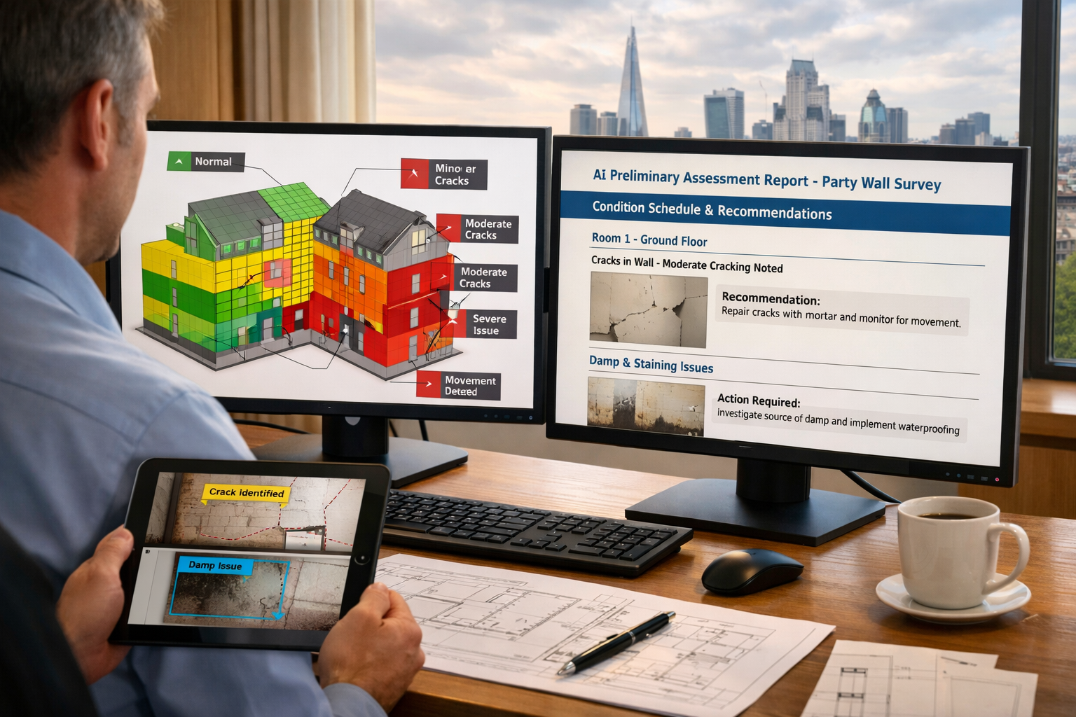 () modern office scene showing surveyor at dual-monitor workstation reviewing AI-generated preliminary assessment report for