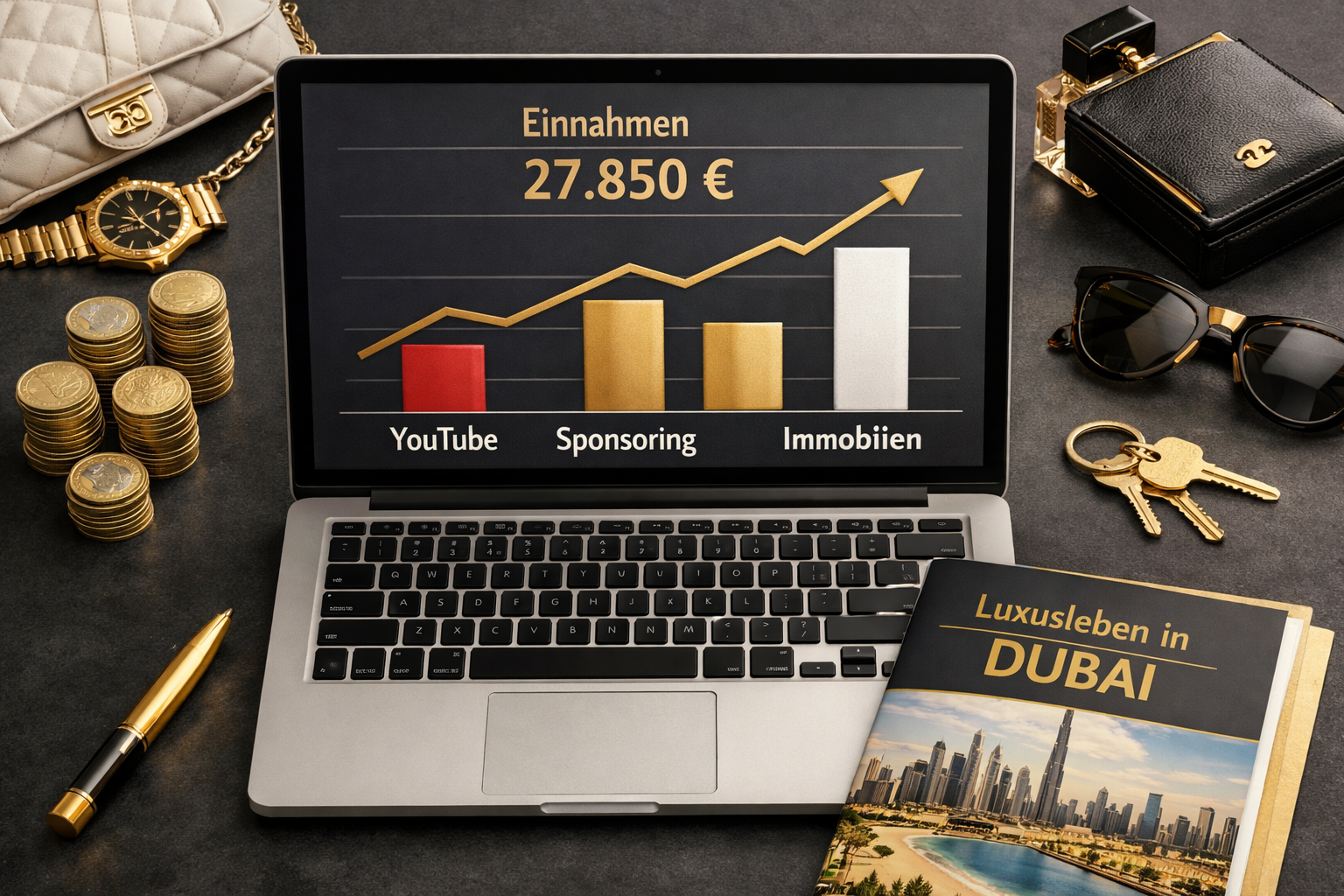 Vanessa Liberté - Biographie und Vermögen 💰 1 () financial and content creator wealth visualization. Elegant flat-lay style composition showing a laptop with YouTube