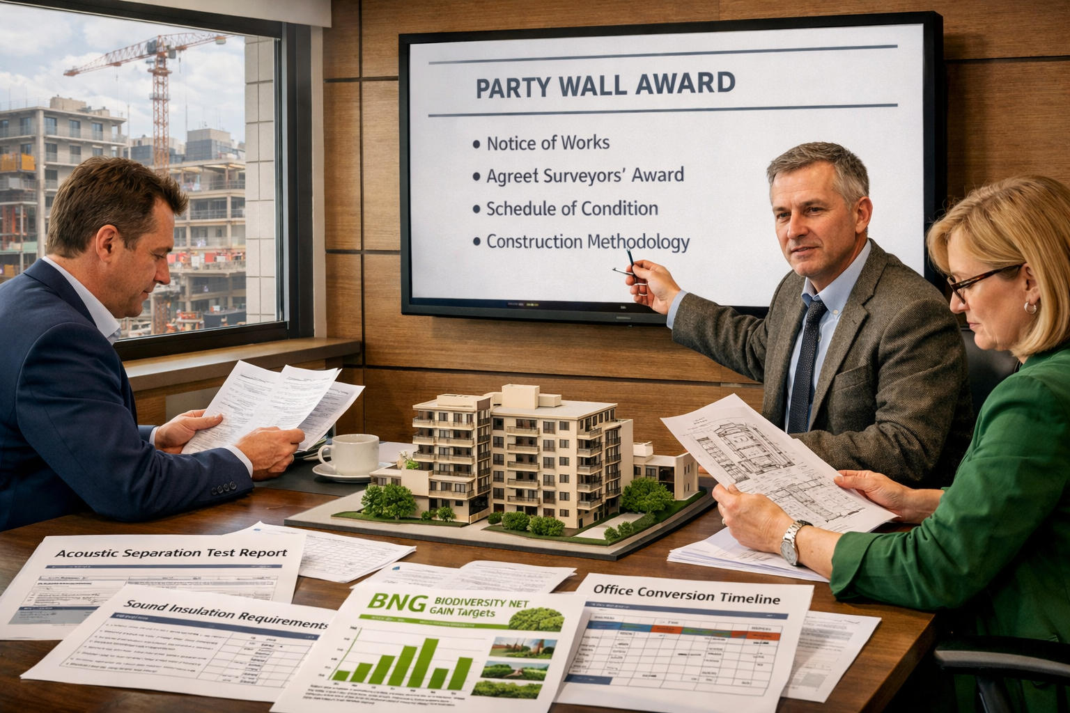 Detailed () image depicting professional negotiation meeting scene in modern conference room with three people: party wall