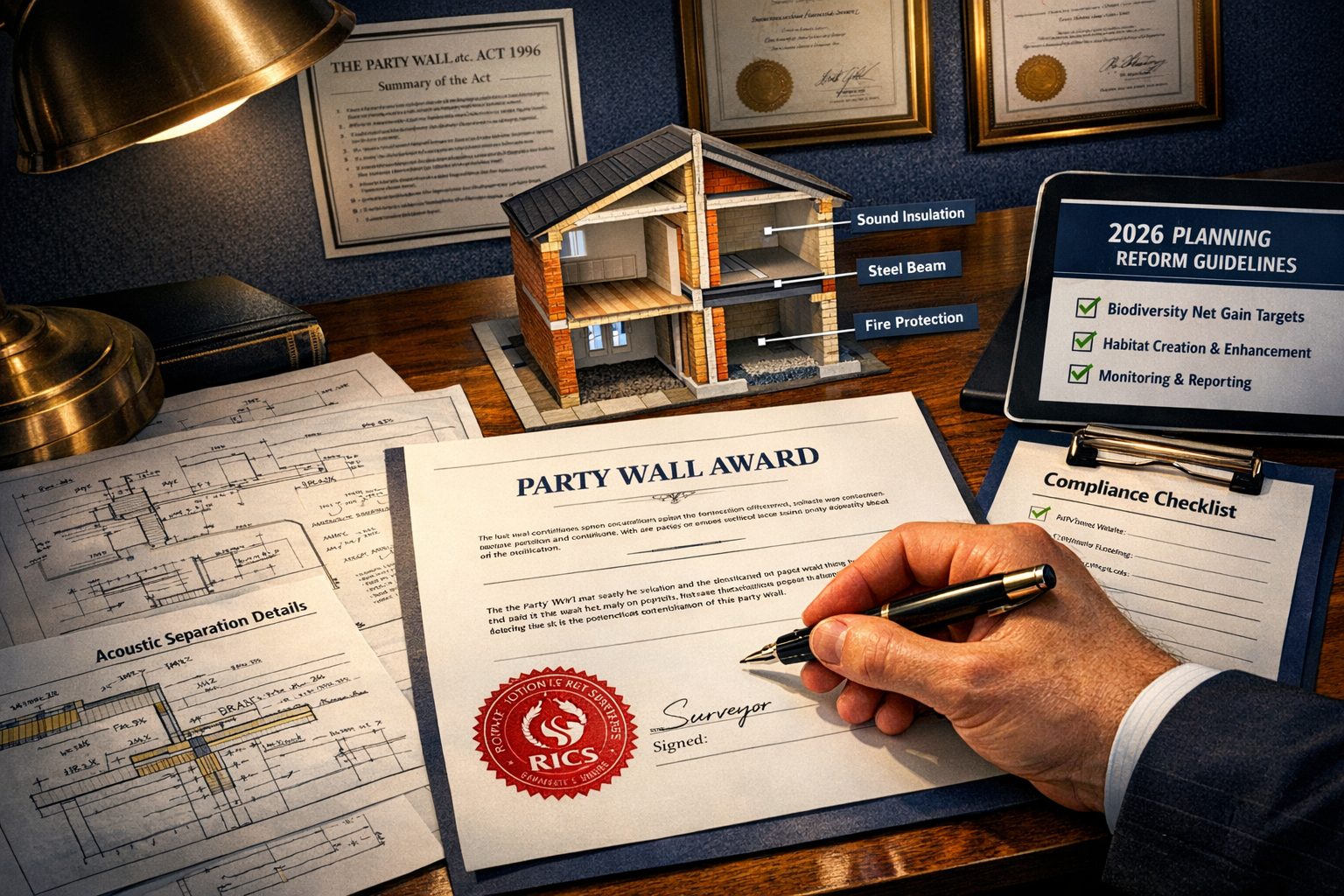Detailed () image showing detailed party wall award document being signed, with close-up of surveyor's hand holding