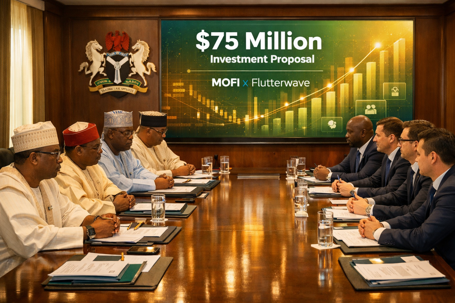 Wide-angle editorial illustration showing a formal government boardroom scene in Abuja, Nigeria — Nigerian officials in