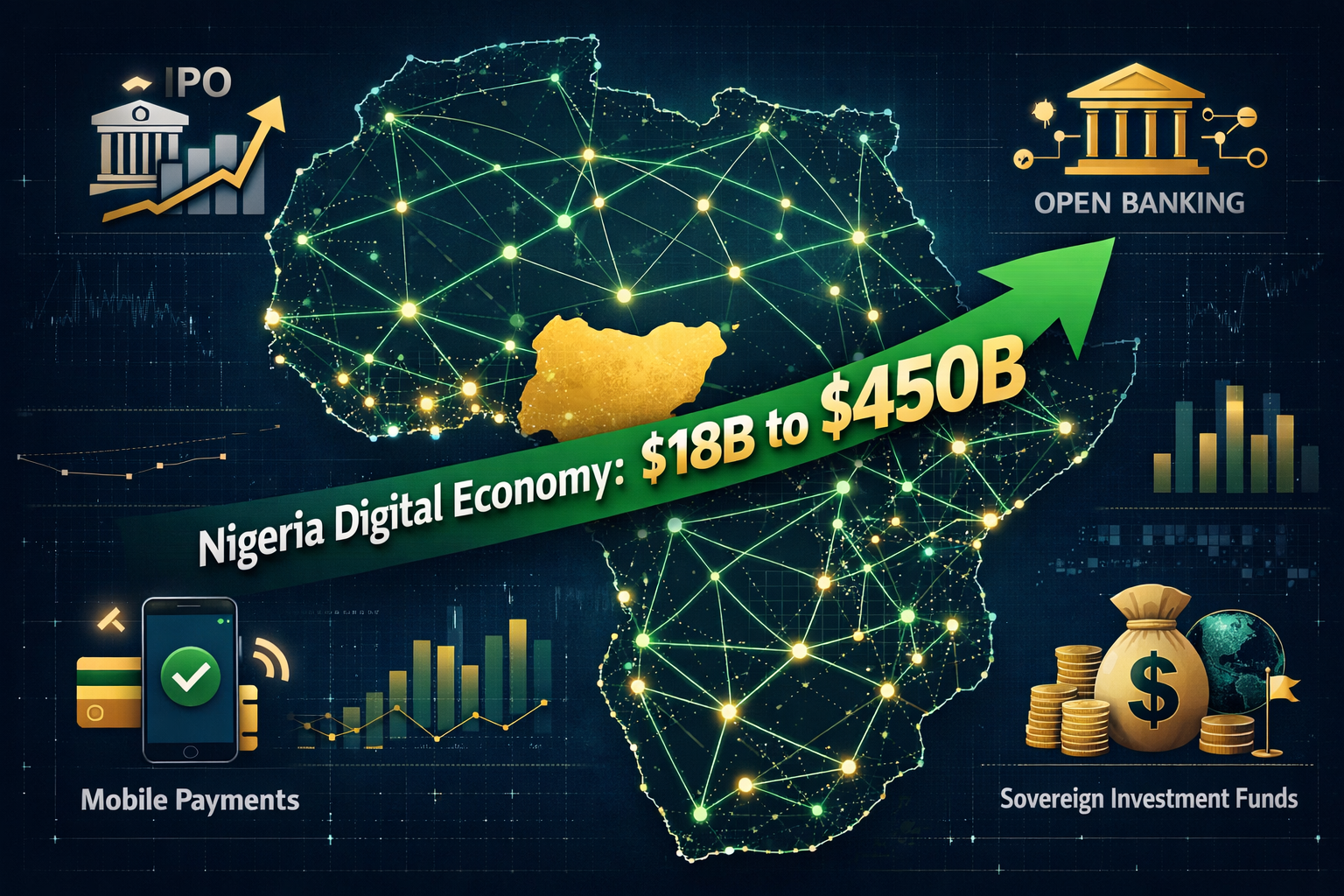 Dynamic infographic-style landscape image () showing Africa's fintech growth trajectory — a upward arrow chart labeled