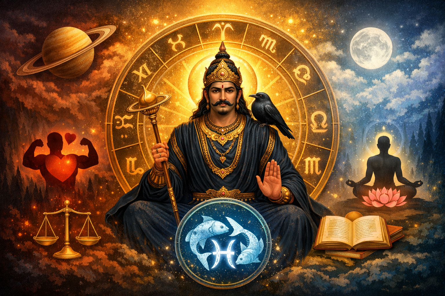 Detailed landscape format (1536x1024) image showing a visual representation of Shani Dev (Saturn) as a wise, contemplative figure with a ser