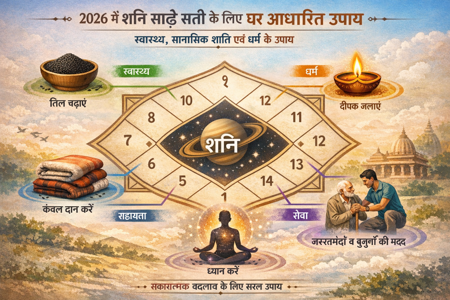 Detailed landscape format (1536x1024) infographic or visual guide illustrating various house-based remedies for Shani Sade Sati in 2026. The