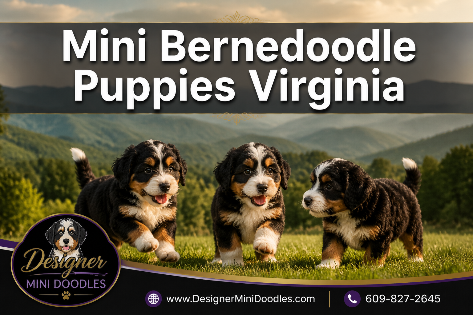 Professional () hero image featuring 'Mini Bernedoodle Puppies Virginia' in extra large white with deep , centered in upper