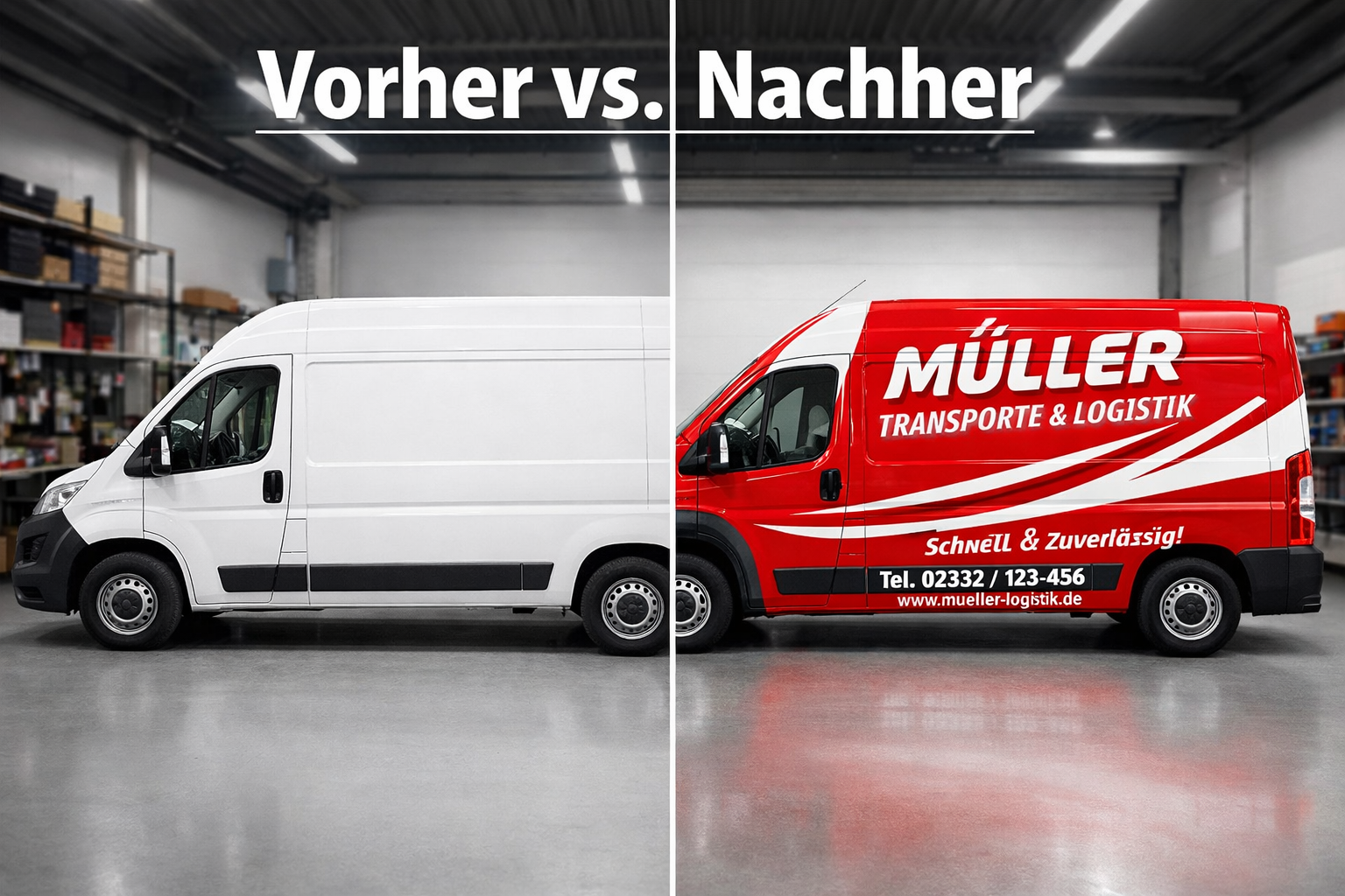 () editorial image showing a split-scene comparison: left side a plain unmarked white delivery van parked on a Gevelsberg