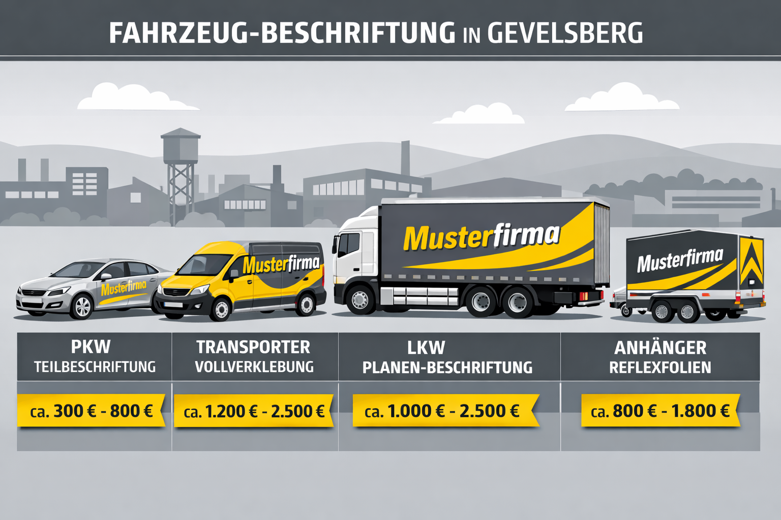 () detailed infographic-style image showing four distinct vehicle types side by side on a Gevelsberg industrial backdrop: a