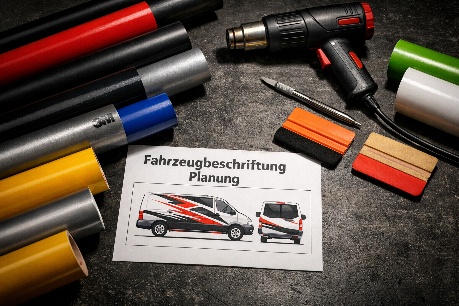 () close-up overhead flat-lay of vehicle wrapping materials spread on a workshop table: rolls of 3M and Oracal vinyl foil in