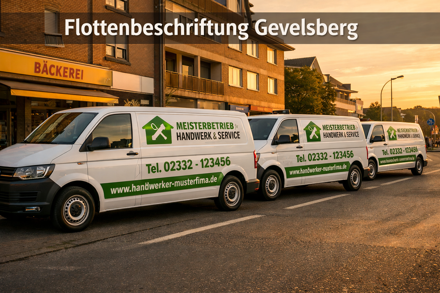 () wide-angle street-level photograph of a branded Handwerker fleet of three matching white Transporter vans parked in a row