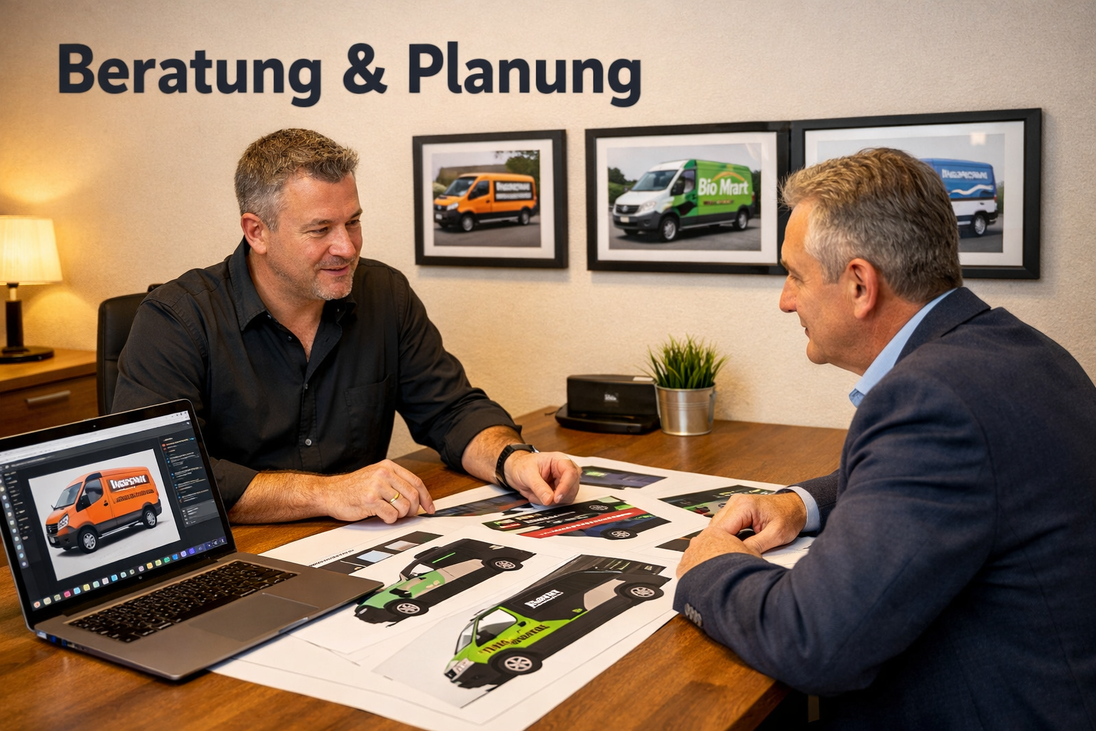 () editorial image of a professional Werbetechniker consultant sitting across a desk from a business owner client in a