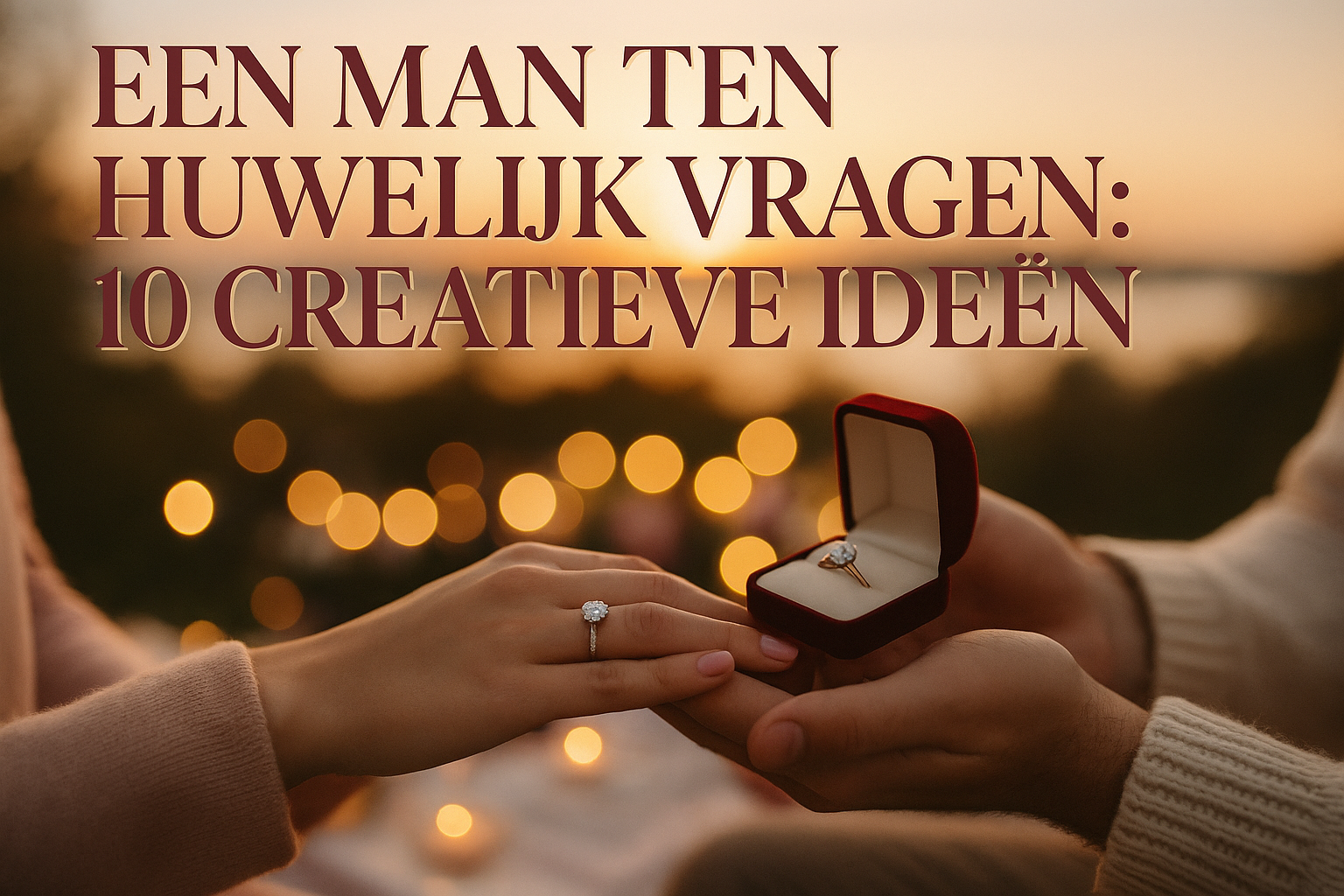 Professional landscape hero image (1536x1024) featuring bold text overlay "Een Man ten Huwelijk Vragen: 10 Creatieve Ideeën" in extra large 