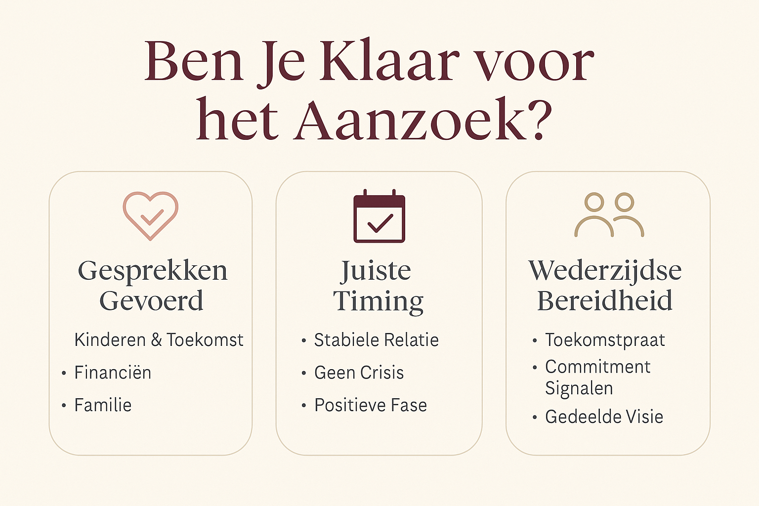 Professional landscape infographic (1536x1024) for section "De Voorbereiding: Ben je Klaar om een Man ten Huwelijk te Vragen?". Type: Checkl