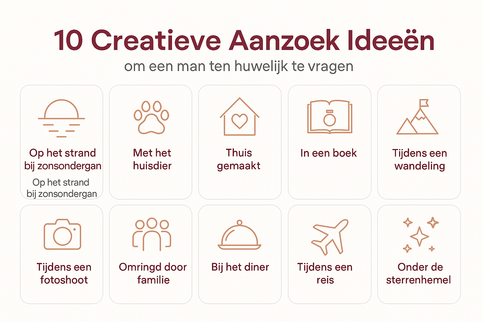 Professional landscape infographic (1536x1024) for section "10 Creatieve Ideeën om een Man ten Huwelijk te Vragen". Type: Visual Grid Infogr