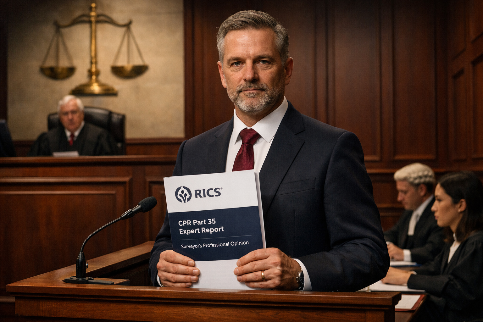 Detailed () image showing RICS chartered surveyor in formal business attire standing in modern courtroom witness box,
