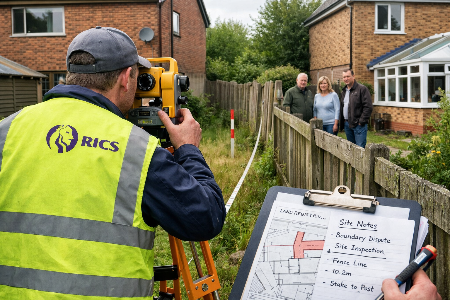 Wide () image depicting surveyor conducting boundary dispute site inspection, using theodolite and measuring tape along