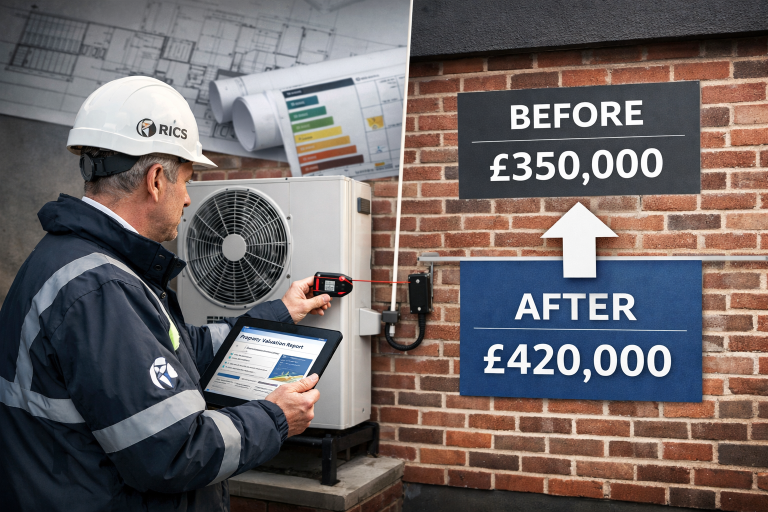 Detailed () image showing RICS chartered surveyor conducting property inspection with modern tablet displaying digital