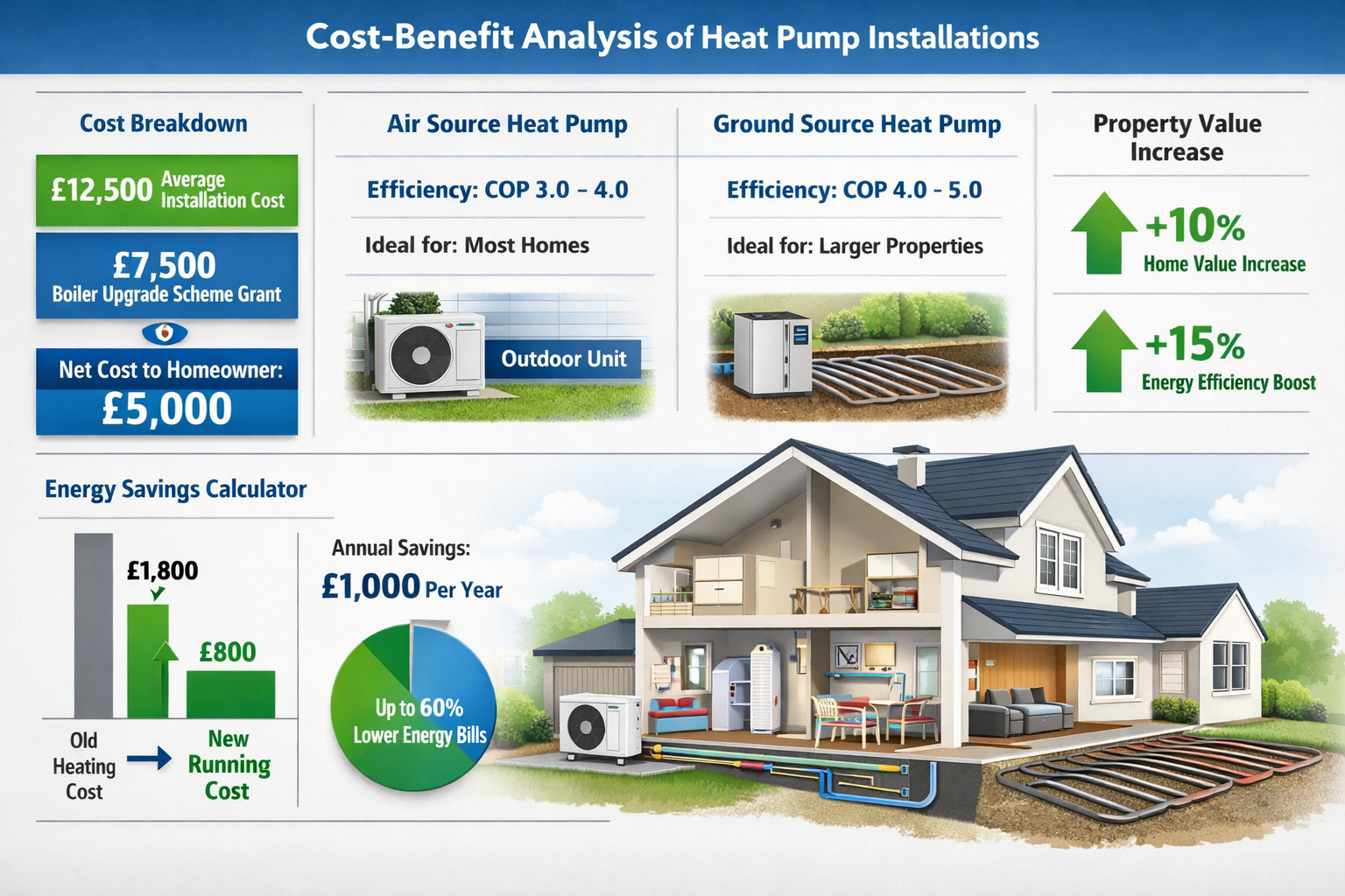Comprehensive () infographic-style image displaying detailed cost-benefit analysis breakdown for heat pump installations,