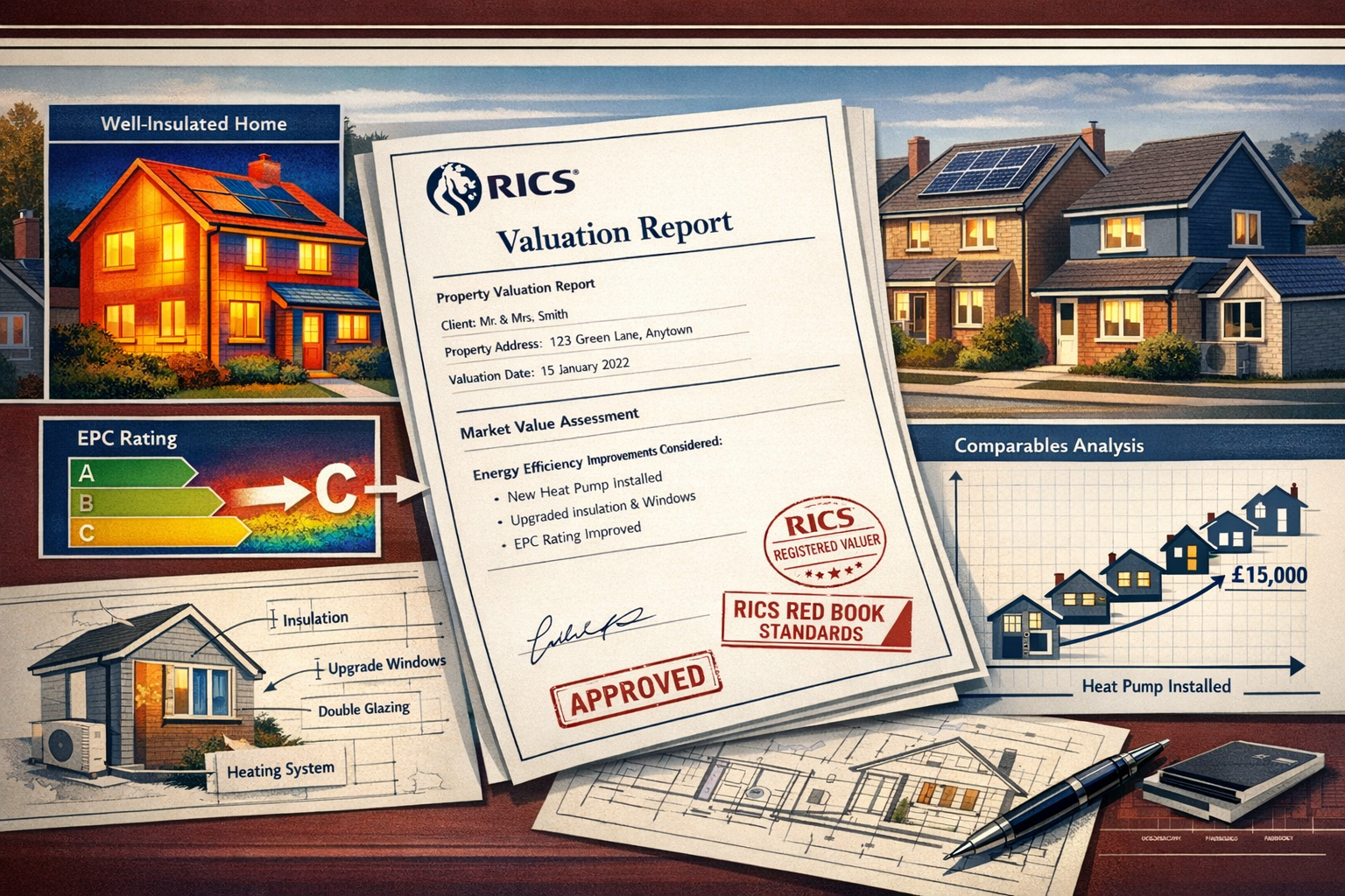 Detailed () technical illustration showing RICS Red Book valuation methodology applied to energy-efficient property