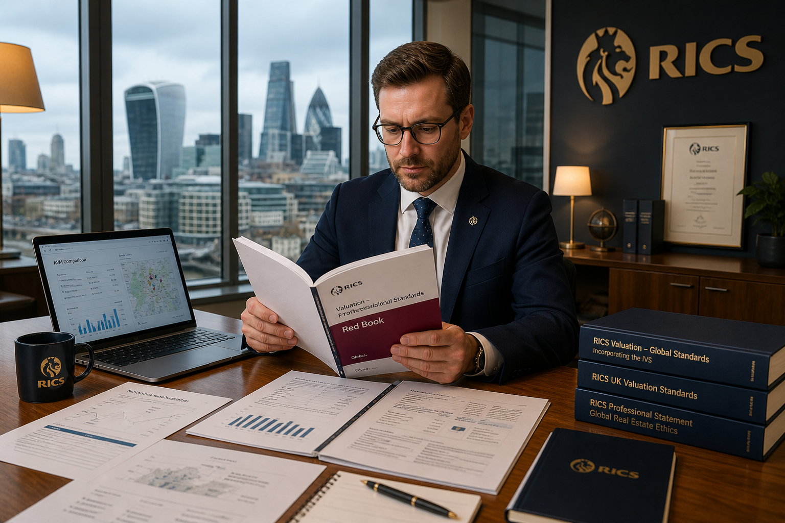 Wide-angle editorial photograph of a professional RICS-accredited valuation surveyor in formal business attire seated at a