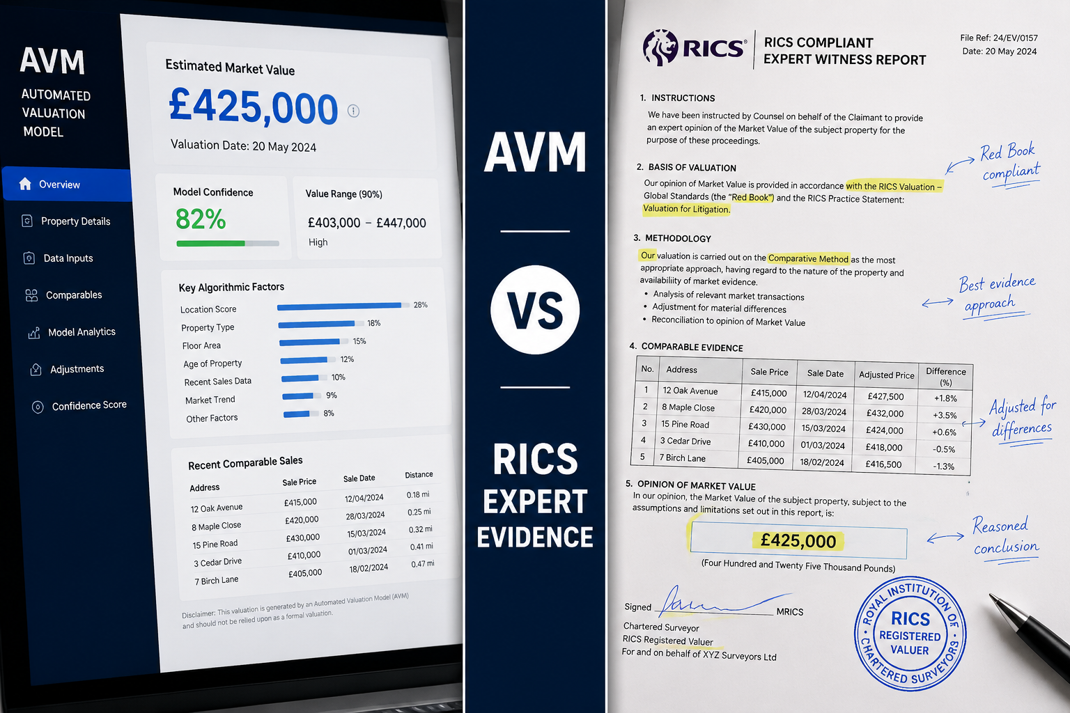 Close-up editorial infographic-style image showing a split-screen comparison: left side displays a digital AVM (Automated